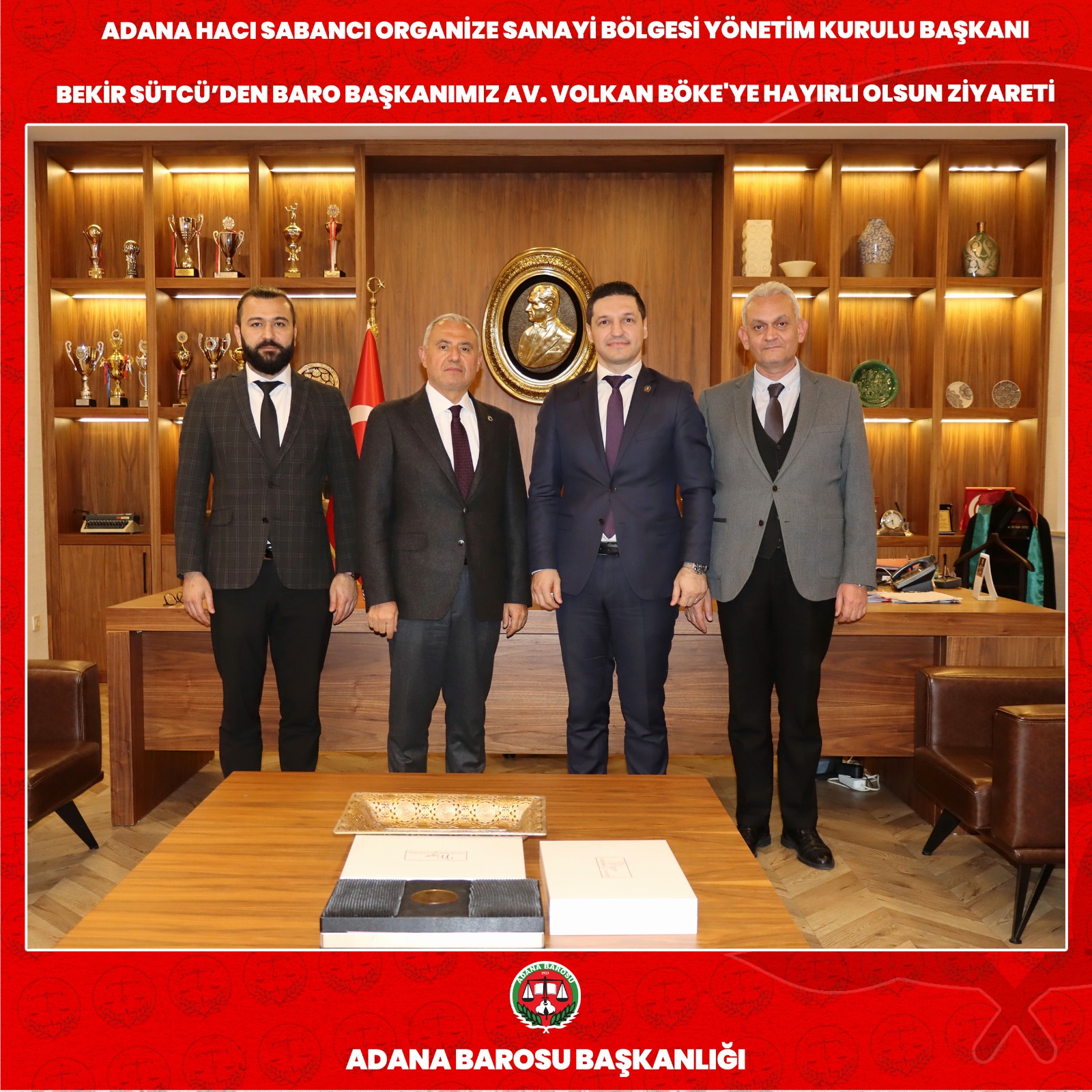 ADANA HACI SABANCI ORGANİZE SANAYİ BÖLGESİ YÖNETİM KURULU BAŞKANI BEKİR SÜTCÜ’DEN BARO BAŞKANIMIZ AV. VOLKAN BÖKE'YE HAYIRLI OLSUN ZİYARETİ