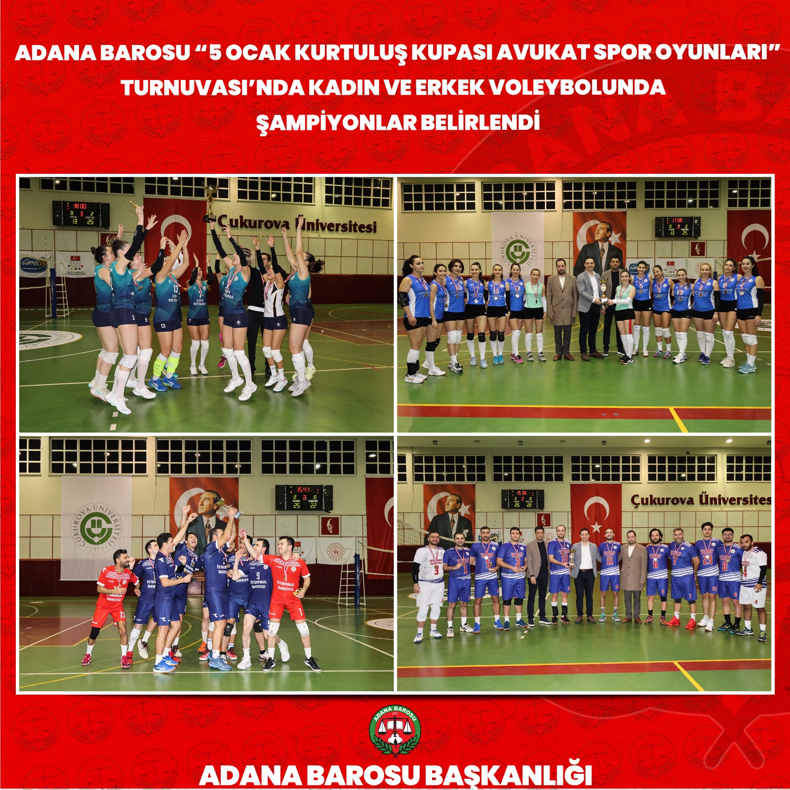 ADANA BAROSU “5 OCAK KURTULUŞ KUPASI AVUKAT SPOR OYUNLARI” TURNUVASI’NDA KADIN VE ERKEK VOLEYBOLUNDA ŞAMPİYONLAR BELİRLENDİ