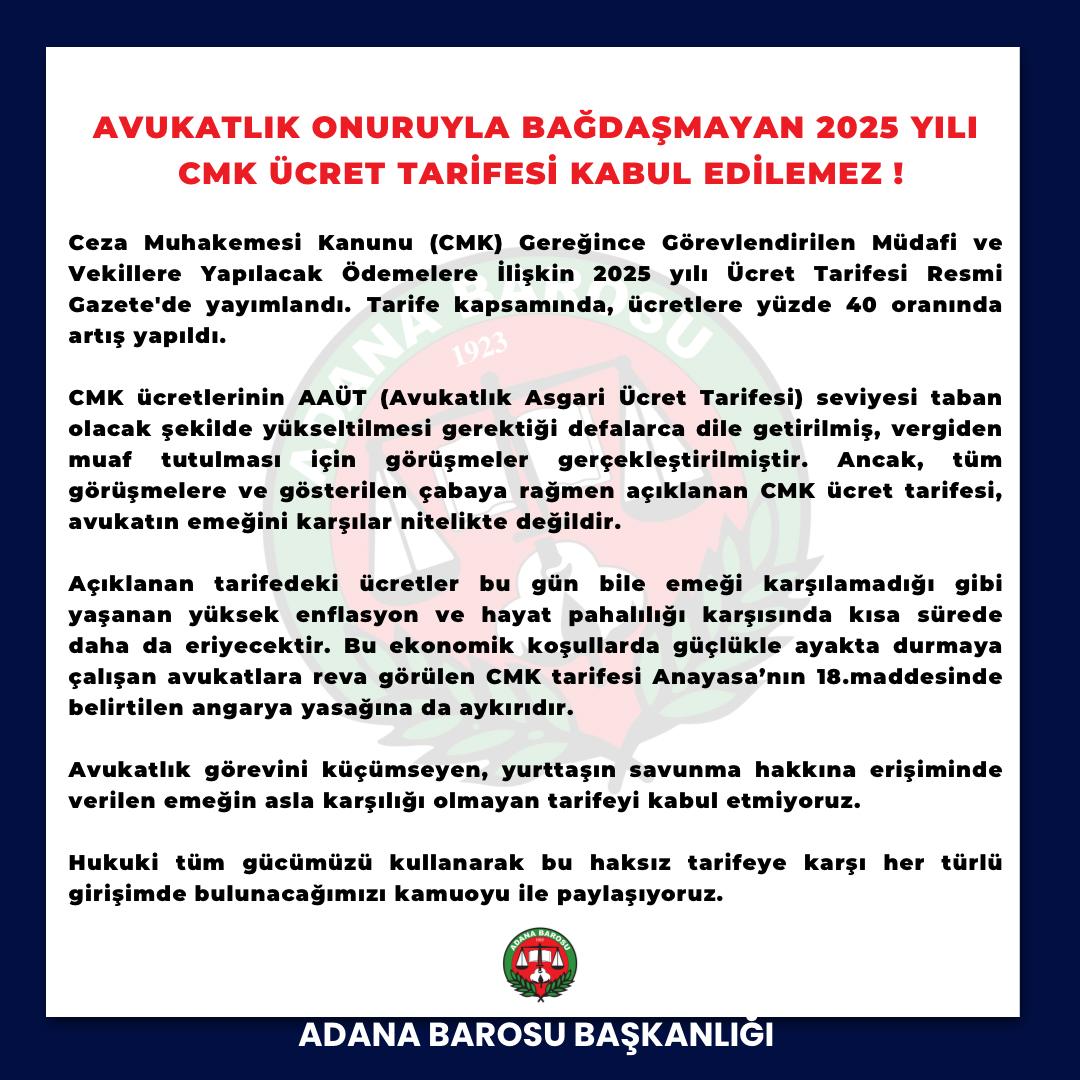 AVUKATLIK ONURUYLA BAĞDAŞMAYAN 2025 YILI CMK ÜCRET TARİFESİ KABUL EDİLEMEZ !