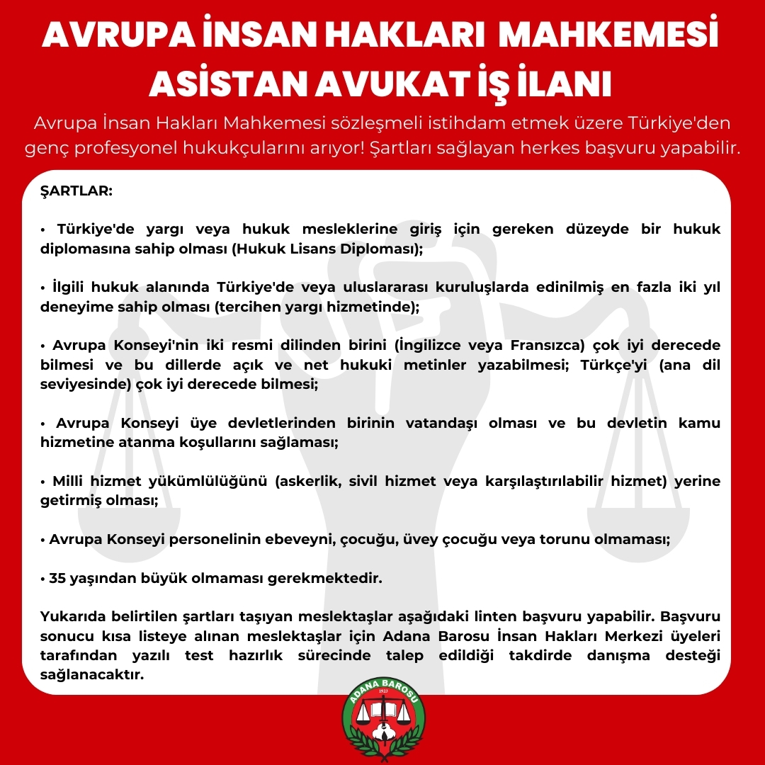 Avrupa İnsan Hakları Mahkemesi - Asistan Avukat iş İlanı