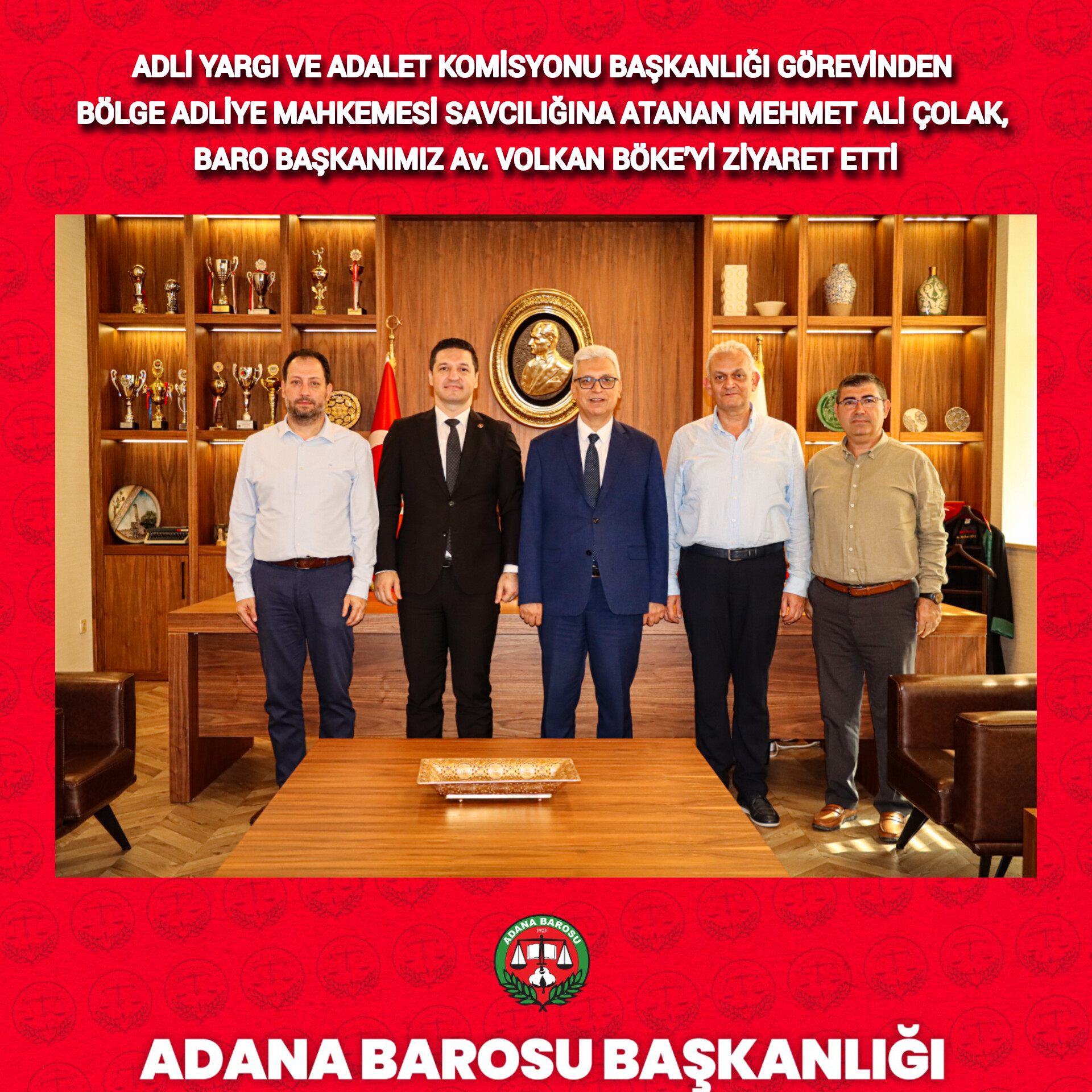ADLİ YARGI VE ADALET KOMİSYONU BAŞKANLIĞI GÖREVİNDEN BÖLGE ADLİYE MAHKEMESİ SAVCILIĞINA ATANAN MEHMET ALİ ÇOLAK, BARO BAŞKANIMIZ Av. VOLKAN BÖKE’Yİ ZİYARET ETTİ