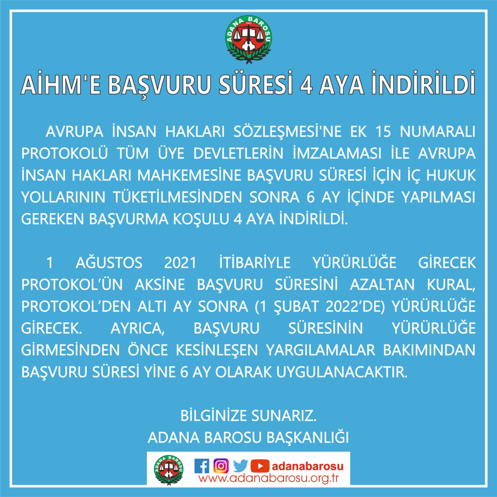 AİHM'E BAŞVURU SÜRESİ 4 AYA İNDİRİLDİ
